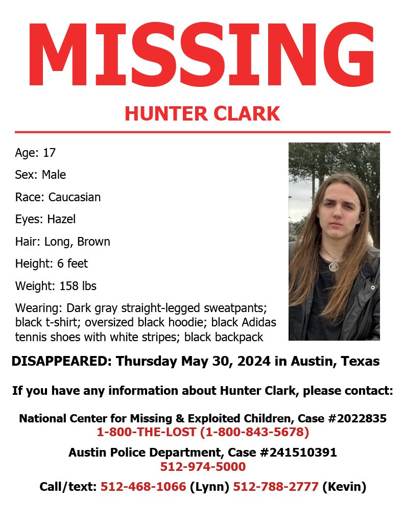 PaigeForAustin's tweet image. Austin! Please call authorities if you’ve seen Hunter and help bring him home safely. His mother reached out to me, as he has been missing for five days, and we need to get the word out.