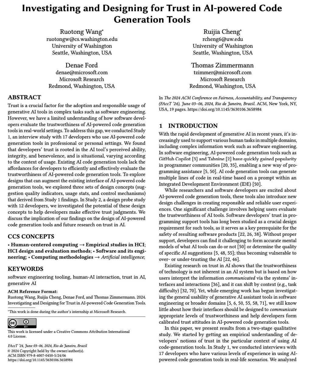 👩‍💻 How do developers trust AI coding assistants like Copilot? How can we improve the designs of AI coding tools to better support developers in forming appropriate trust attitudes in AI? 🤔Check out our new paper that I will be presenting at #FAccT2024 this Wednesday! 🧵