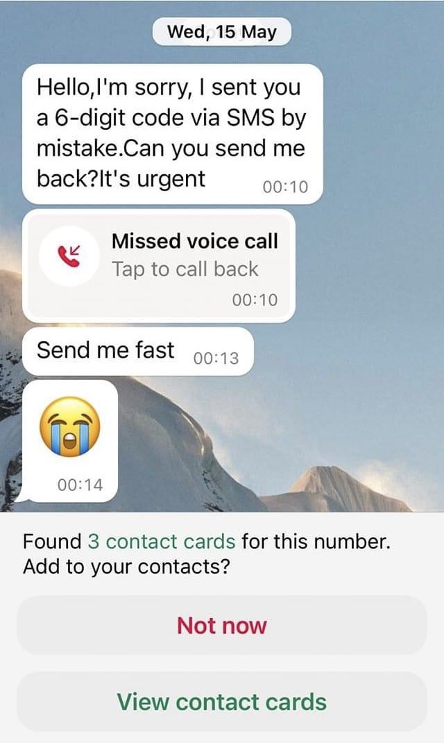 mrbrown's tweet photo. PSA: Do NOT send any SMS codes back to anyone messaging you, even friends or loved ones. 

A friend’s wife got her WhatsApp taken over this way.

The hijacker is trying to take over your account with the 2FA SMS code. 

Make sure you set the PIN, and better yet, a Passkey too. https://t.co/LbHzycZi55