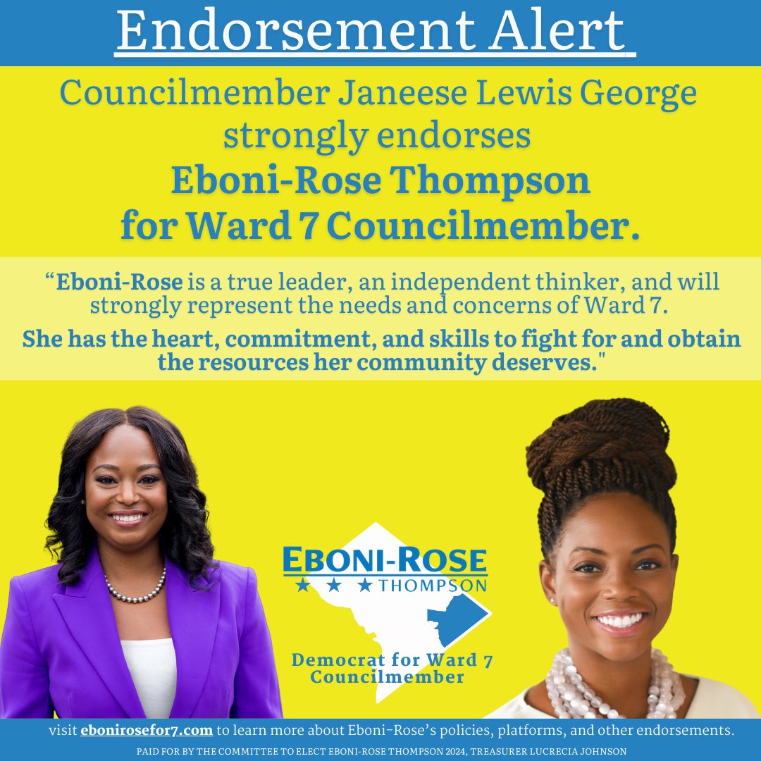 📣ENDORSEMENT ALERT📣

Thank you Councilmember Lewis George! 

💛💛 Vote for me, Eboni-Rose Thompson for Ward 7 Councilmember, #10 on the ballot but always putting the communities and my neighbors in #Ward7 first! 

#DCision2024