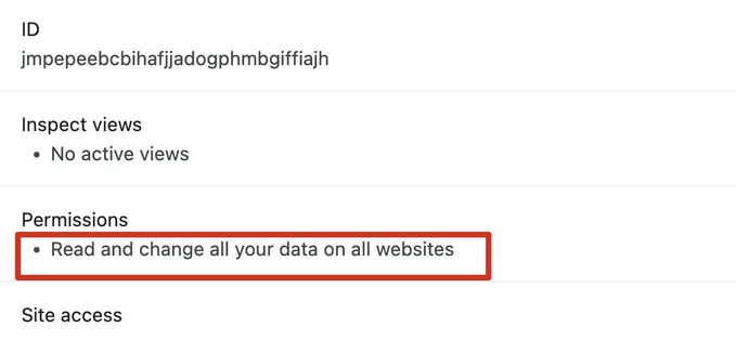 最近cex被盗大家都听说了，建议大家访问 chrome://extensions 检查一下浏览器当前已安装的插件，用不到插件及时卸载掉。 对于有下面这个权限的插件能不用尽量不用。