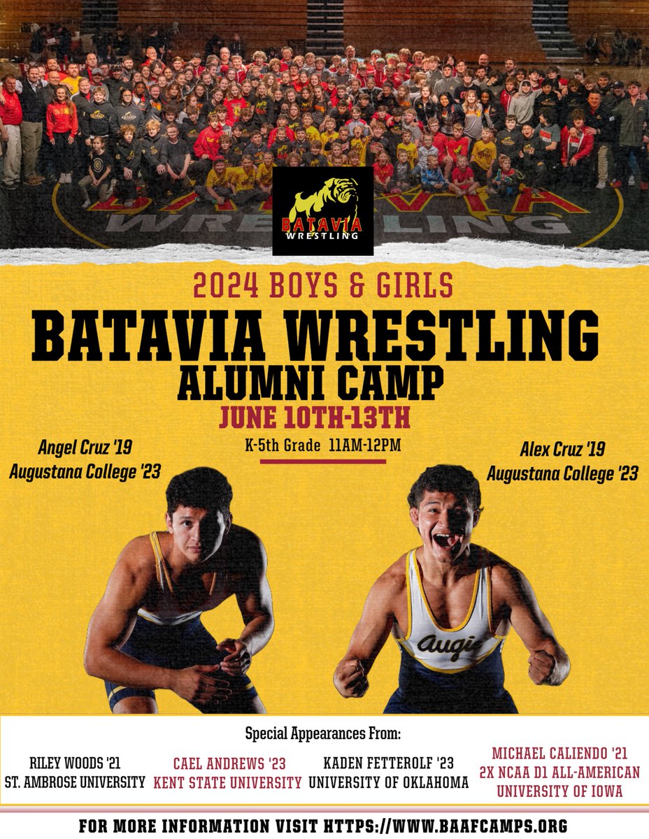 Only 4 more days to get signed up for this camp. These 6 former BHS wrestlers all went on to continue their wrestling career in college and are now coming to give back to the future of Batavia Wrestling! Can't wait to get these guys back in the room! baafcamps.org