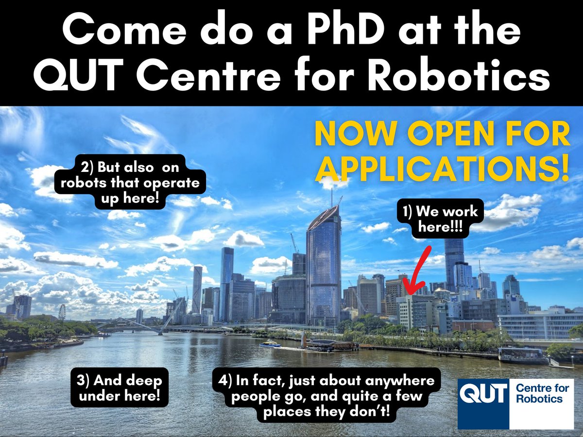QUTRobotics (@qutrobotics) on Twitter photo ❓ Want to find out more about study with us?  
👉 Explore our research programs: lnkd.in/gRxrx3M
👉 Get in touch with one of our Chief Investigators: lnkd.in/gsg5fy5G
👉 Or send your CV to the centre directly: robotics@qut.edu.au
#PhD #Study #QUT #phdforum ❓ Want to find out more about study with us?  
👉 Explore our research programs: lnkd.in/gRxrx3M
👉 Get in touch with one of our Chief Investigators: lnkd.in/gsg5fy5G
👉 Or send your CV to the centre directly: robotics@qut.edu.au
#PhD #Study #QUT #phdforum