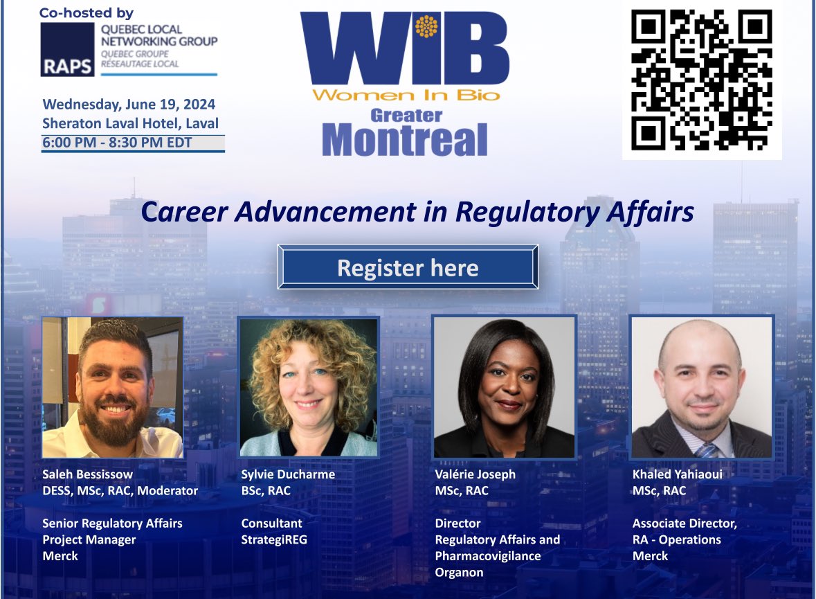 Join WIB-Greater Montreal and RAPS Quebec LNG to unlock your potential in the pharmaceutical regulatory sector at our "Career Advancement in Regulatory Affairs" panel discussion held on June 19th from 6:00pm - 8:30pm at the Sheraton Laval. Register 👇
lnkd.in/eynnqt4b