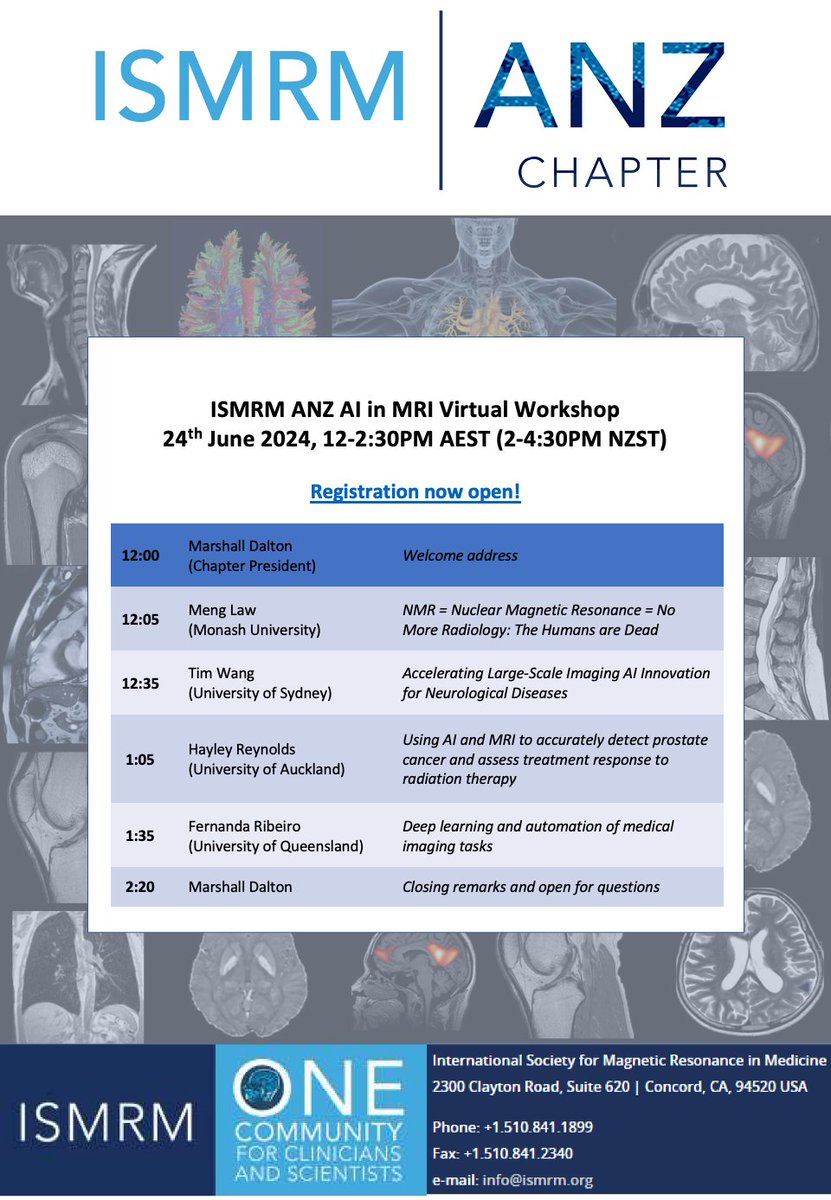 ANZ ISMRM are hosting an online workshop on Artificial Intelligence in MRI Research!

To join us on the 24th of June, register here: uni-sydney.zoom.us/meeting/regist…