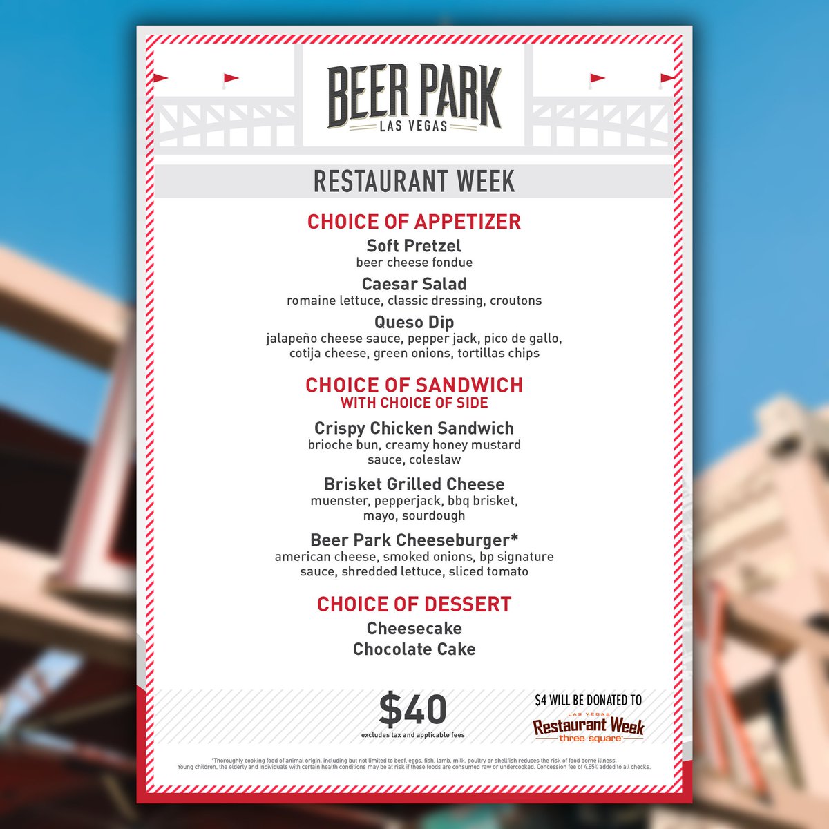 Dine out for a good cause! Las Vegas Restaurant Week starts today and goes through Friday, June 14th. Join us for a special three-course prix fixe menu with a portion of the proceeds going to @ThreeSquareLV. #LVRW #BeerParkLV

Reservations: bit.ly/3J2oLI9