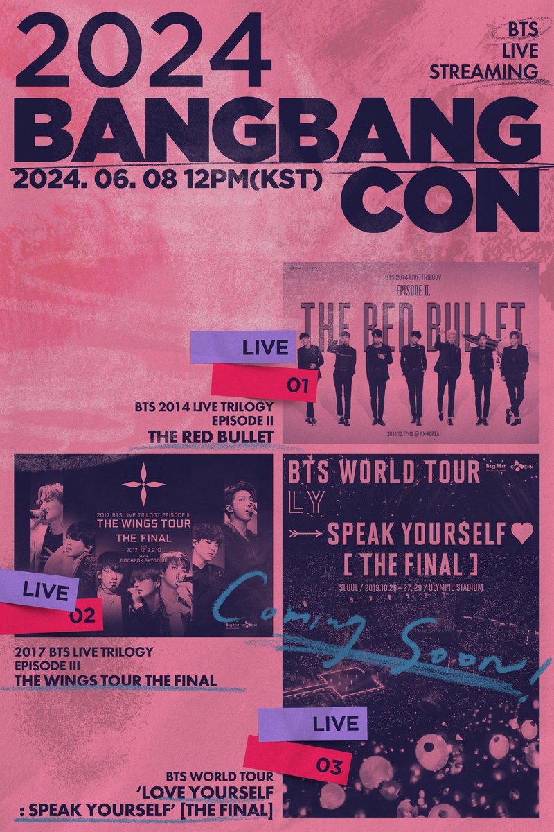 btsargento's tweet photo. — En celebración del aniversario №11 de #BTS, como parte del FESTA 2024 habrá nueva edición del BANGBANGCON 💜

• Se transmitirán los conciertos;
▪︎ The Red Bullet
▪︎ The Wings Tour The Final
▪︎ Love Yourself; Speak Yourself [The Final]

#2024BTSFESTA #BTS11thAnniversary https://t.co/urDNCXDX81