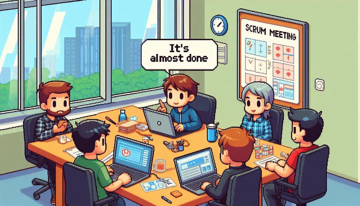 hrishikeshps9's tweet photo. A true dialogue that remains constant in every scrum meeting,

Developer: “It’s almost done!” https://t.co/0CDBVkekgX