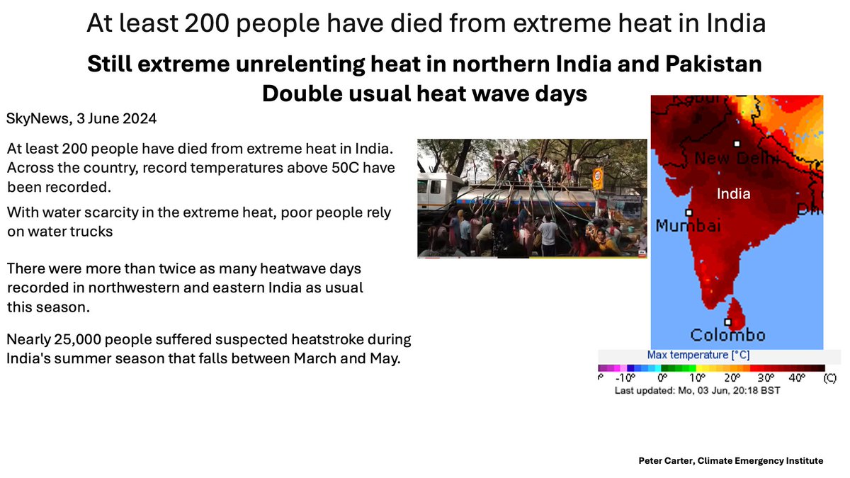PCarterClimate's tweet photo. HORRID HEAT GOES ON FOR NORTHERN INDIA &amp; PAKISTAN
Double usual heat wave days
Poor suffer severely with severe heat and lack of water 
SyNews 3June 2024   #heatwave #climatechange
#globalwarming https://t.co/2Wd2mHfdEK