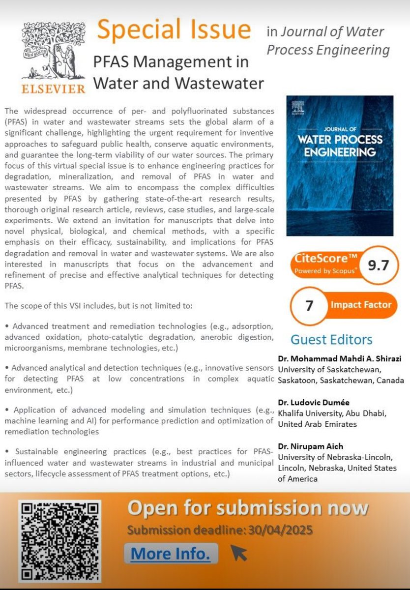 I am co-editing a special issue on #PFAS management in water and wastewater systems - consider submitting to this issue. 

See the link sciencedirect.com/journal/journa…
