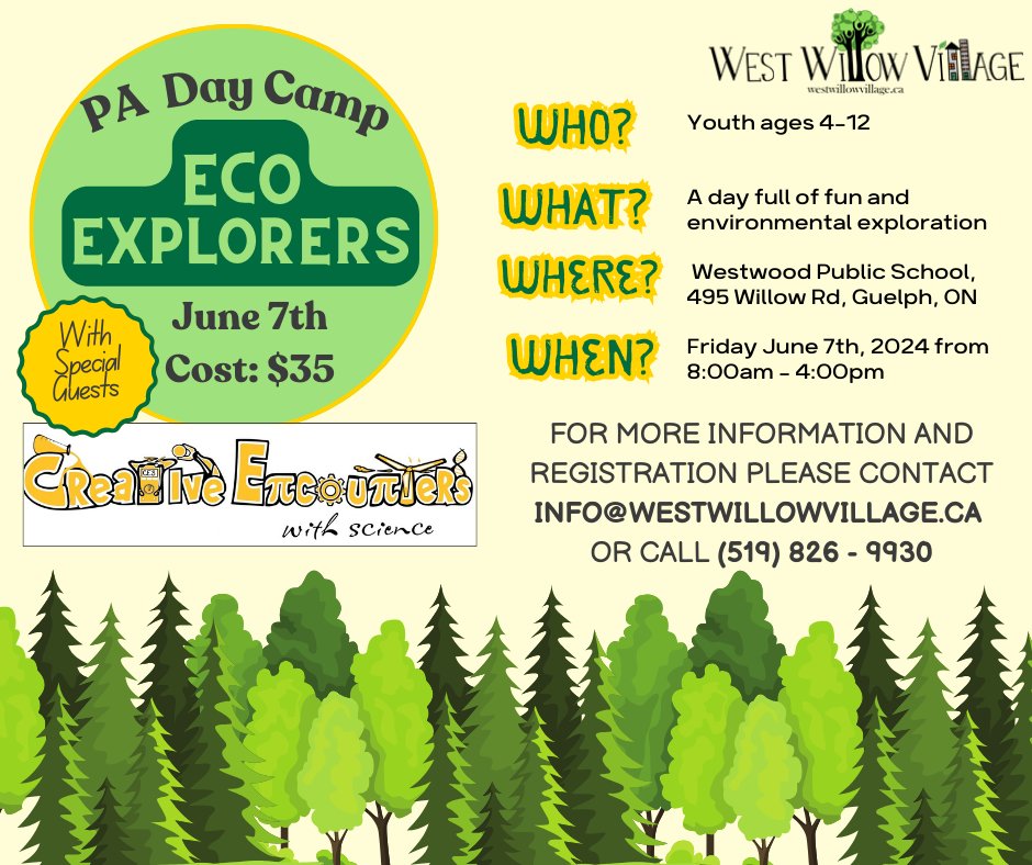 GuelphVillage's tweet photo. Need a #PADay activity for the kids? #EcoExplorers w guests UG Creative Encounters @CEScamps
Register 519 826 9930 or info@westwillowvillage.ca
@GuelphBugle @stpetersaints@FalconFeat @stjosephguelph @WestwoodUGDSB @MitchellWoodsPS @TaylorEvansPS @GatewayDrivePS
@paisleyroadps https://t.co/riqA1DbSv4