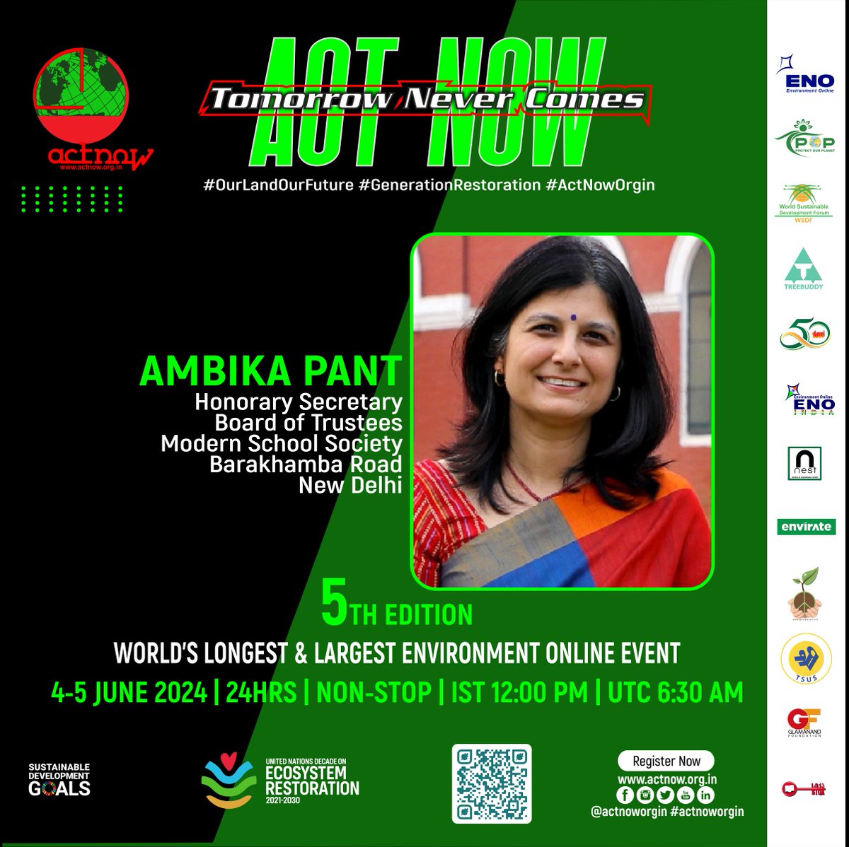 Add your voice, action, and commitment to

#TomorrowNeverComesActNow
5TH EDITION
WORLD’S LONGEST &amp; LARGEST ENVIRONMENT ONLINE EVENT
4-5 JUN’24|24HRS|NON-STOP|IST 12 PM|UTC 6:30 AM
Join: forms.gle/Xv8XBhWQCzVWm4…

#AmbikaPant
@actnoworgin
@unep