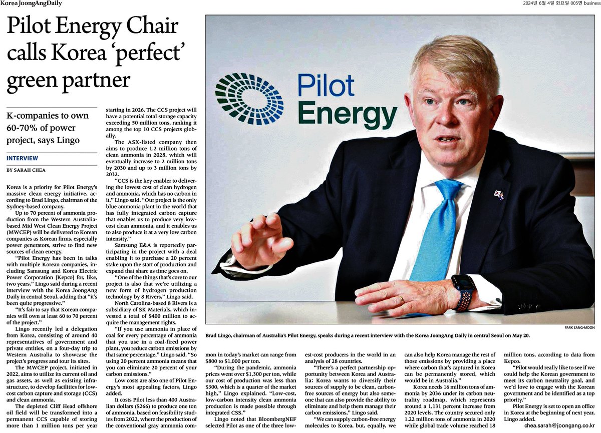 Pilot_EnergyLtd's tweet photo. Leading English-language daily,  Korea JoongAngDaily, has published on page 5 today its interview with @Pilot Energy (#ASX: $PGY) Chairman Brad Lingo, with the article emphasizing why Pilot is a perfect partner for South Korea: https://t.co/PgY96HkwQM
 #cleanenergy #netzero #ccs https://t.co/USLzejRyWG
