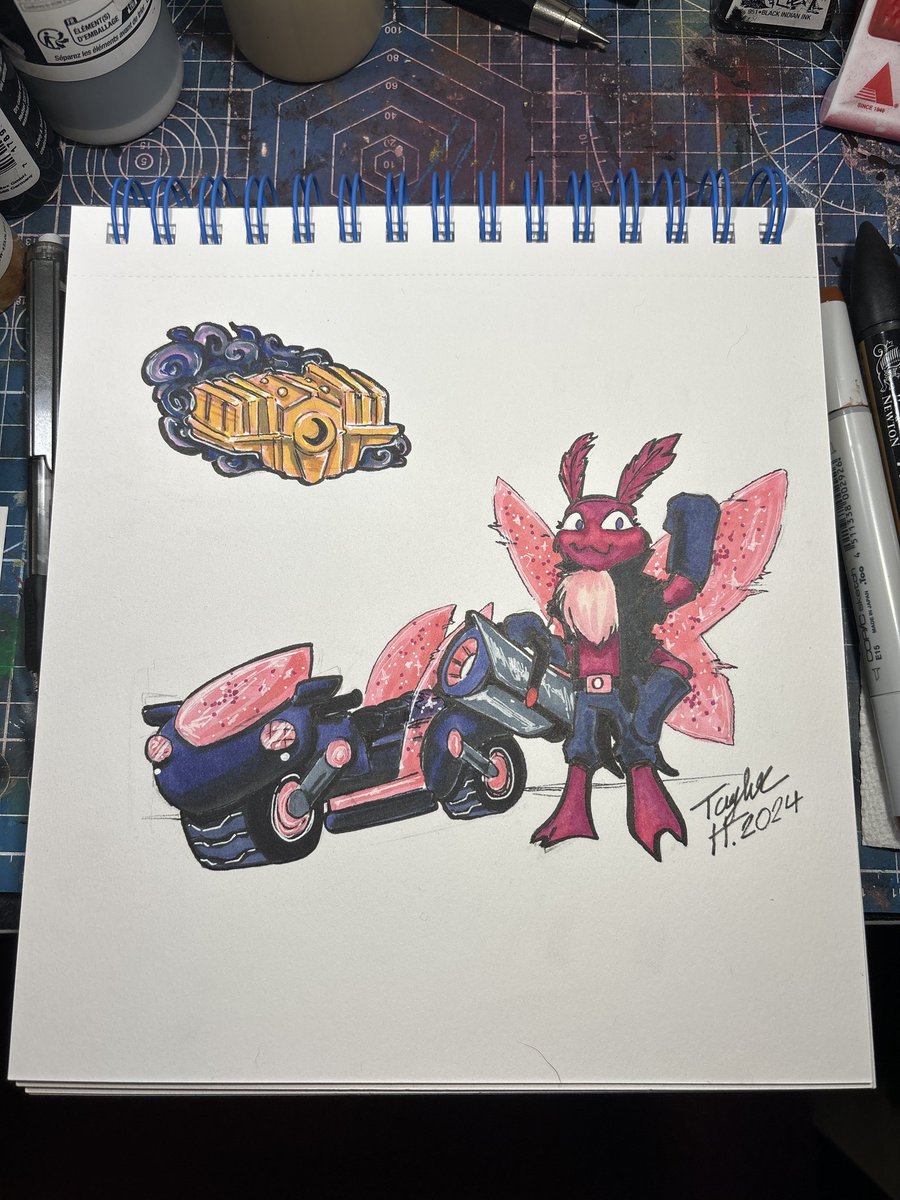 Say hi to stardust! My dark-matter moth skylander, and her motorcycle the dark-matterpiller. I ain't a superchargers fan, but I wanted Taylorkreate to make a supercharger custom for once. So I commissioned this!