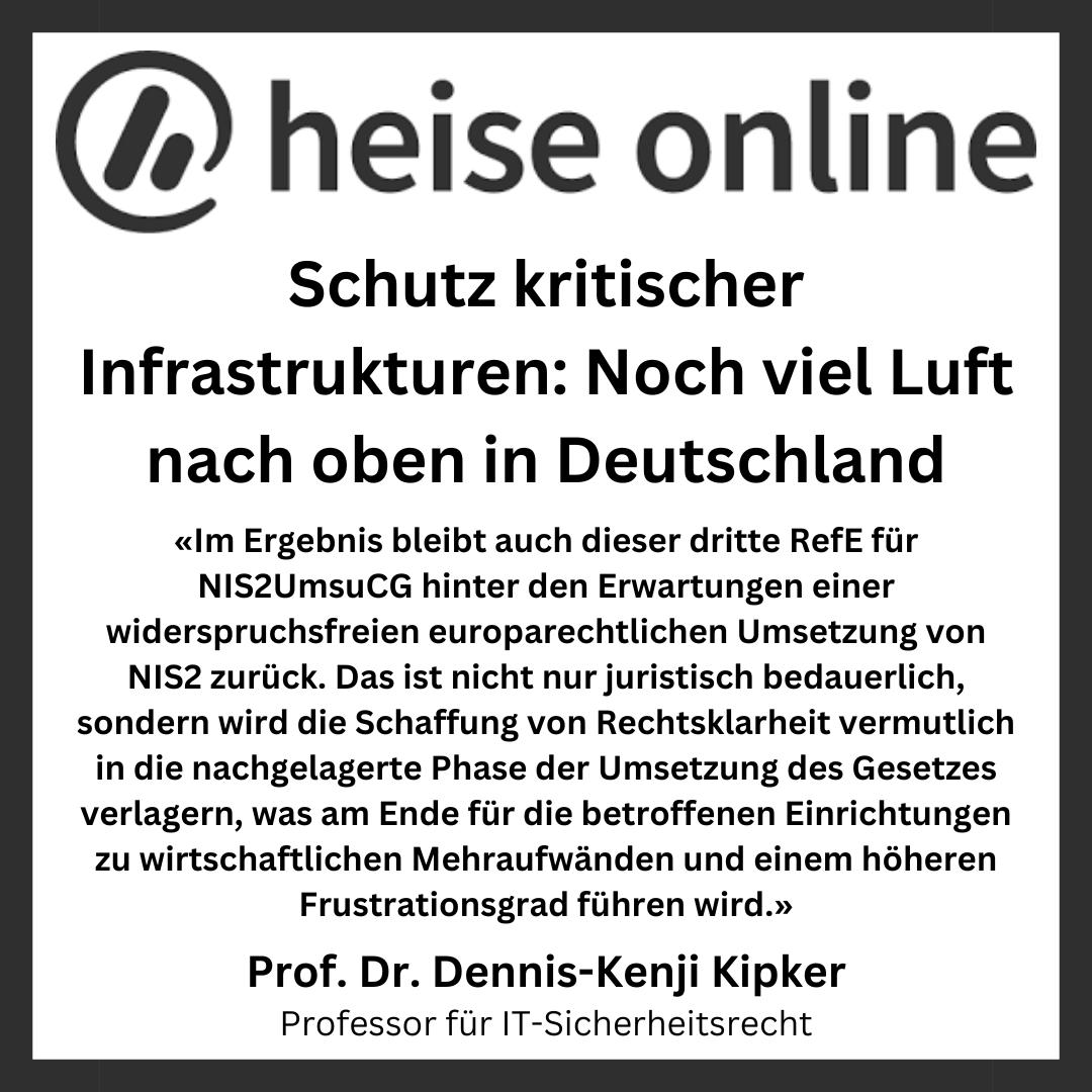 Dennis_Kipker's tweet photo. Wir sind nicht nur viel zu #langsam, sondern auch viel zu #ungenau mit der aktuellen #Cybersicherheitsregulierung in #Deutschland: So richtig gut geht es mit #NIS2UmsuCG schon länger nicht voran – für #heise online habe ich im #Interview Stellung genommen: https://t.co/NZJ7Mak9lj https://t.co/OdtZA2QFCn