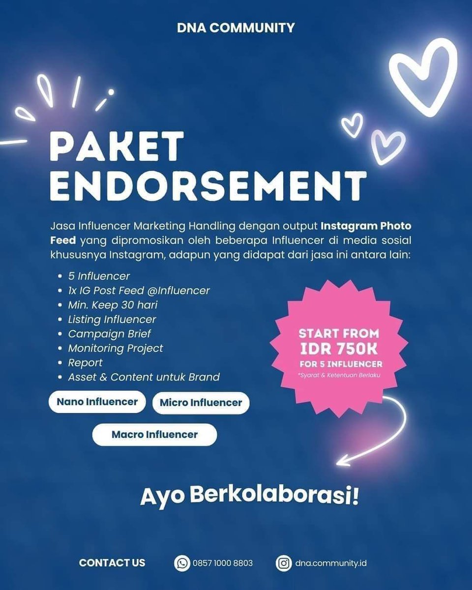 dnaindonesiaa's tweet image. 📌DNA Community Indonesia Menyediakan Jasa:📌
🔷Paket Endorsement
🔷Reels/Tiktok Video
🔷Paid promote
🔷Product Review
🔷Visit Store
.
Hubungi WA Admin: wa.me/+6282254557998🤗💖
.
#DNACommunity #influencermarketing #KOLAgency #KOLManagement #InfluencerMarketing