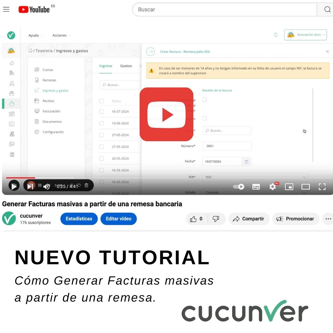 🔔 Nuevo  vídeo tutorial en nuestro canal de YouTube "Cómo generar  facturas masivas a partir de remesas traspasadas a ingresos".

Suscríbete  a nuestro canal para estar al tanto de las novedades cucunver -  n9.cl/rx5497