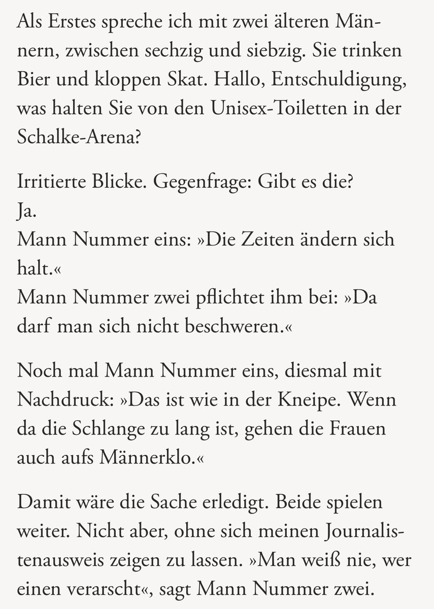 Das ist ein sehr lustiger Text in der ZEIT: Der Kollege <a href="/_giammarco/">Francesco Giammarco</a> will eine Geschichte über Ärger und Empörung schreiben, weil es in der Arena auf Schalke jetzt geschlechtsneutrale Toiletten gibt.

Er fährt nach Gelsenkirchen und findet: nichts.