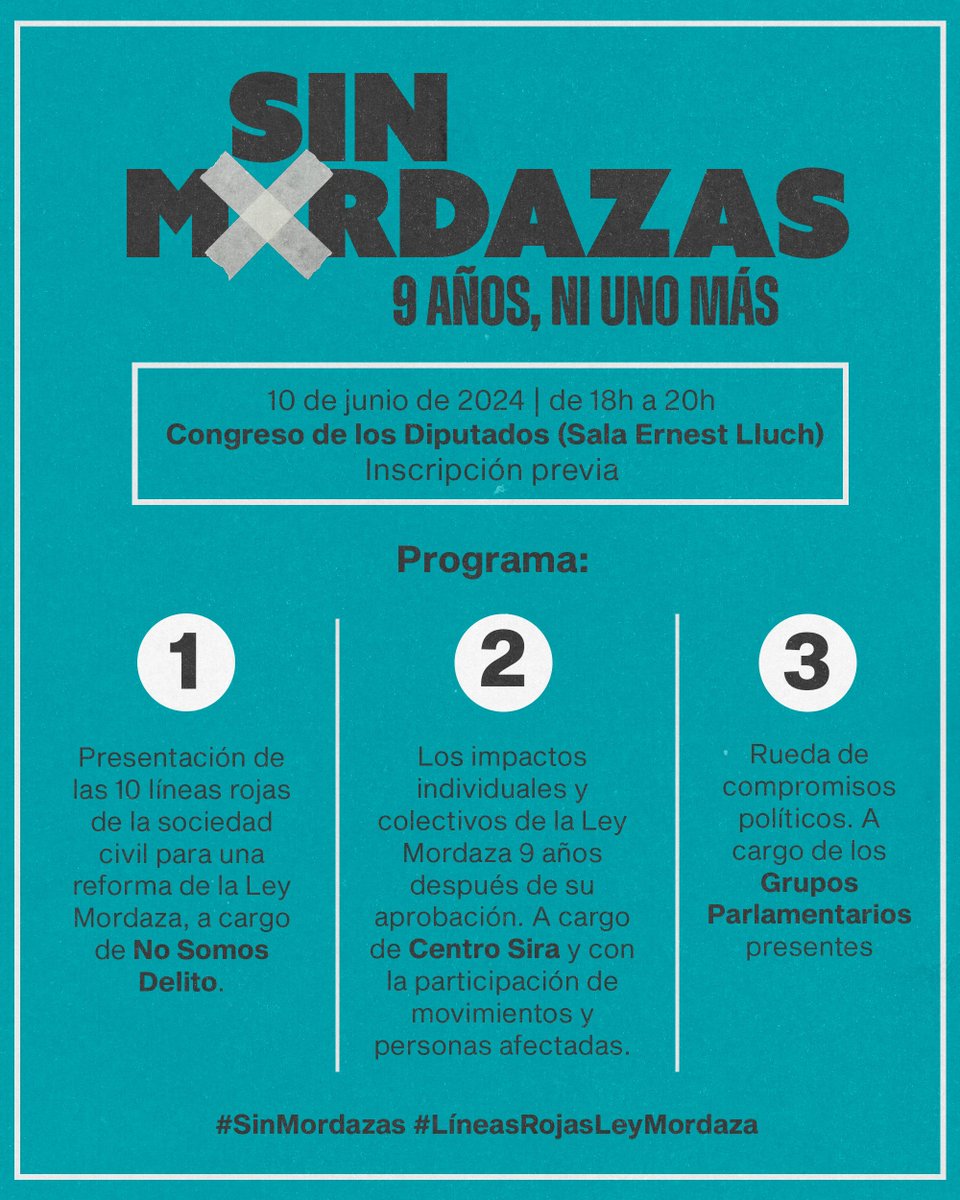 La Ley Mordaza cumple 9 años. <a href="/NoSomosDelito/">NoSomosDelito</a> está comprometida a que no cumpla ni uno más.

📢 El lunes presentamos en el <a href="/Congreso_Es/">Congreso</a> las #LíneasRojasLeyMordaza para una reforma garantista con los #DDHH.

📅 10/06
⏰ 18h-20h
🔗 Inscripción: forms.komun.org/acto-en-el-con…

#SinMordazas