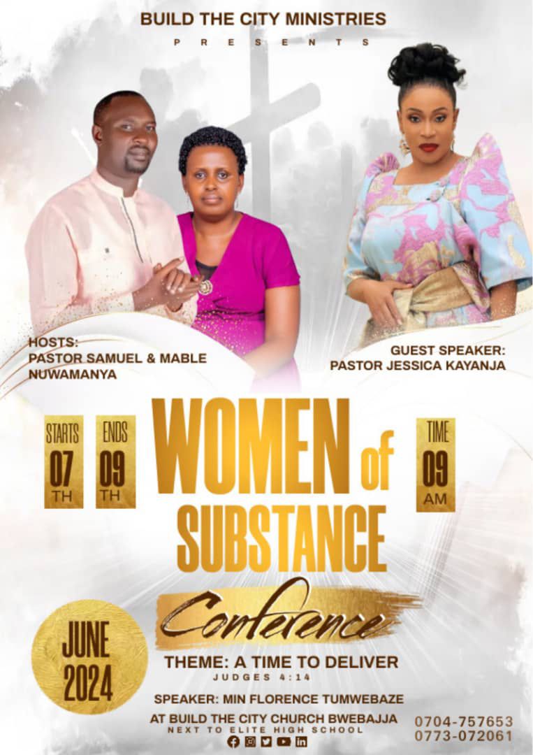 Pr. Jessica Kayanja (@jessicakayanja) on Twitter photo Dear Friends, I will be ministering at the Women of substance conference at Build the City Church Bwebajja this Saturday, 8th June 2024.
<a href="/RobertKayanja/">Robert Kayanja</a>
<a href="/robrjk/">Robert Kayanja Jr</a> Dear Friends, I will be ministering at the Women of substance conference at Build the City Church Bwebajja this Saturday, 8th June 2024.
<a href="/RobertKayanja/">Robert Kayanja</a>
<a href="/robrjk/">Robert Kayanja Jr</a>