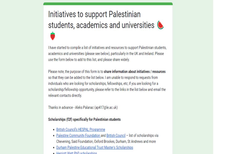 🧵Sharing a list of scholarships available for Palestinian students who are seeking to study abroad. Thanks to @AleksPalanac Sanctuary Seekers' Unit <a href="/uniofleicester/">University of Leicester</a> for compiling this list
👉share
please add any that you may know of
docs.google.com/forms/d/e/1FAI…
palast.ps/en/news/list-i…