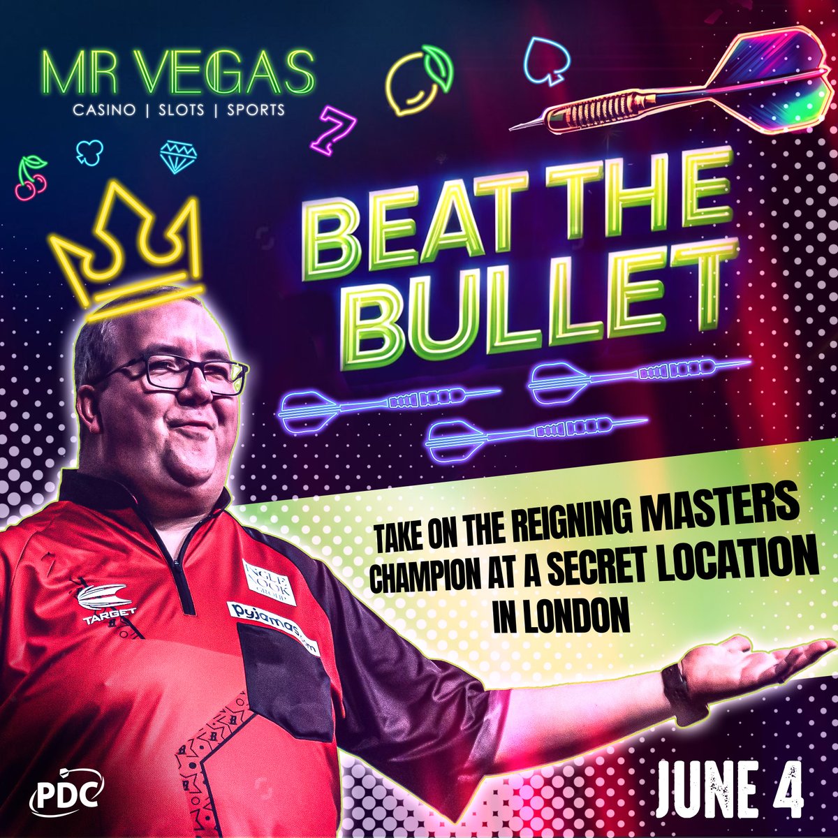 In London this evening and think that you could Beat the Bullet? 

<a href="/MrVegas_Casino/">MrVegas</a> are giving away the final 2 spaces at tonight's event - retweet this for your chance to be there!   

Winners to be contacted via DM by 1300 BST.