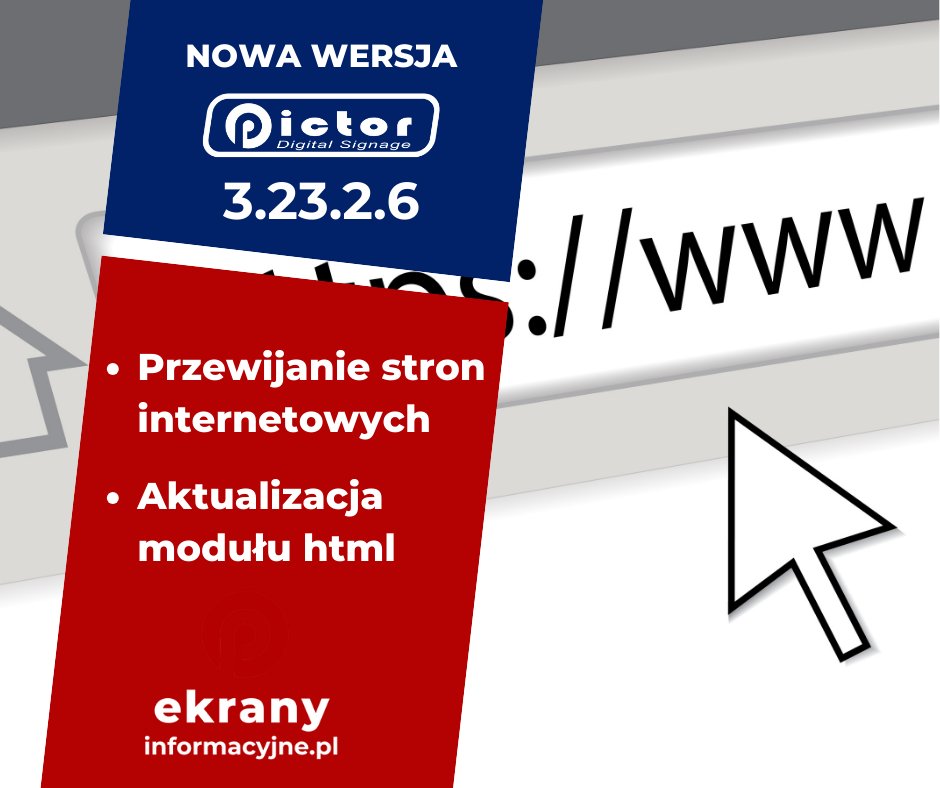 EkranyInfo's tweet photo. Kolejna wersja systemu Pictor Digital Signage 3.23.2.6 już jest 😁
A w niej nowy moduł wyświetlania stron www z opcją przewijania za długich treści🧐

#tabliceinformacyjne #digitalsignage #ekranyinformacyjne #gazetkamultimedialna #pictorplayer #reklamanamonitorach https://t.co/B2MRSTSypx