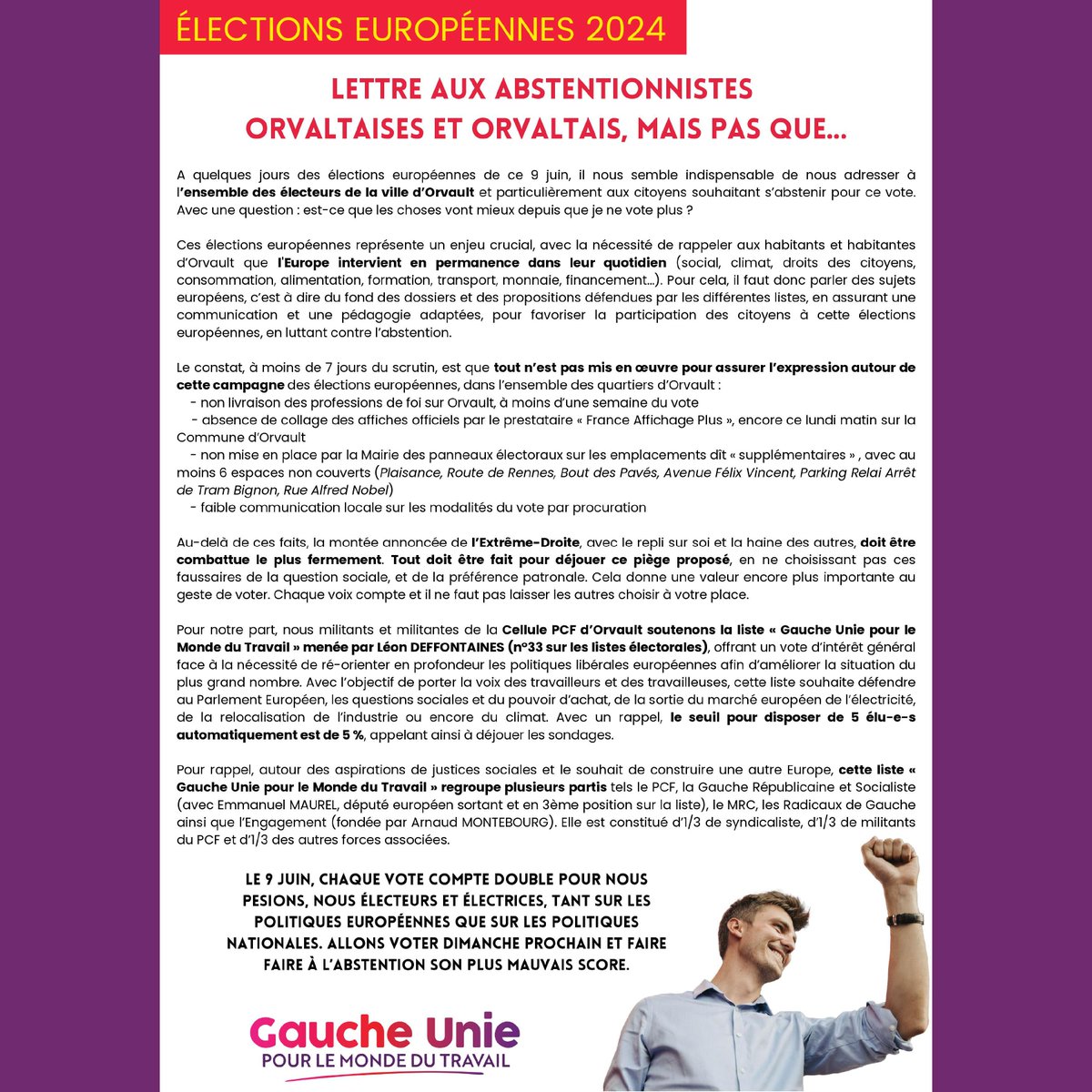 OrvaultPcf's tweet image. 🇪🇺 J-5️⃣

Les militantes &amp;amp; militants #PCF d'#Orvault ont souhaité s'adresser aux citoyens souhaitant s'abstenir aux élections #européennes2024 : chaque voix compte, ne laisser pas les autre choisir à votre place!

#LoireAtlantique #AvecLéon #ReprenonsLaMain
1/