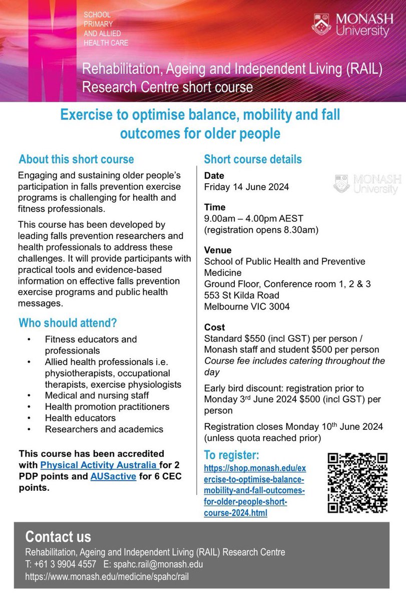 Sze-Ee Soh (@soh_sze) on Twitter photo 📣 Registrations closing Monday 10th June!
Come join the <a href="/RAILMonash/">Monash RAIL Research Centre</a> team for this #falls and #balance workshop! There will be a great mix of evidence focussed presentations, practical sessions and panel discussions!!
Register here: shop.monash.edu/exercise-to-op… 📣 Registrations closing Monday 10th June!
Come join the <a href="/RAILMonash/">Monash RAIL Research Centre</a> team for this #falls and #balance workshop! There will be a great mix of evidence focussed presentations, practical sessions and panel discussions!!
Register here: shop.monash.edu/exercise-to-op…
