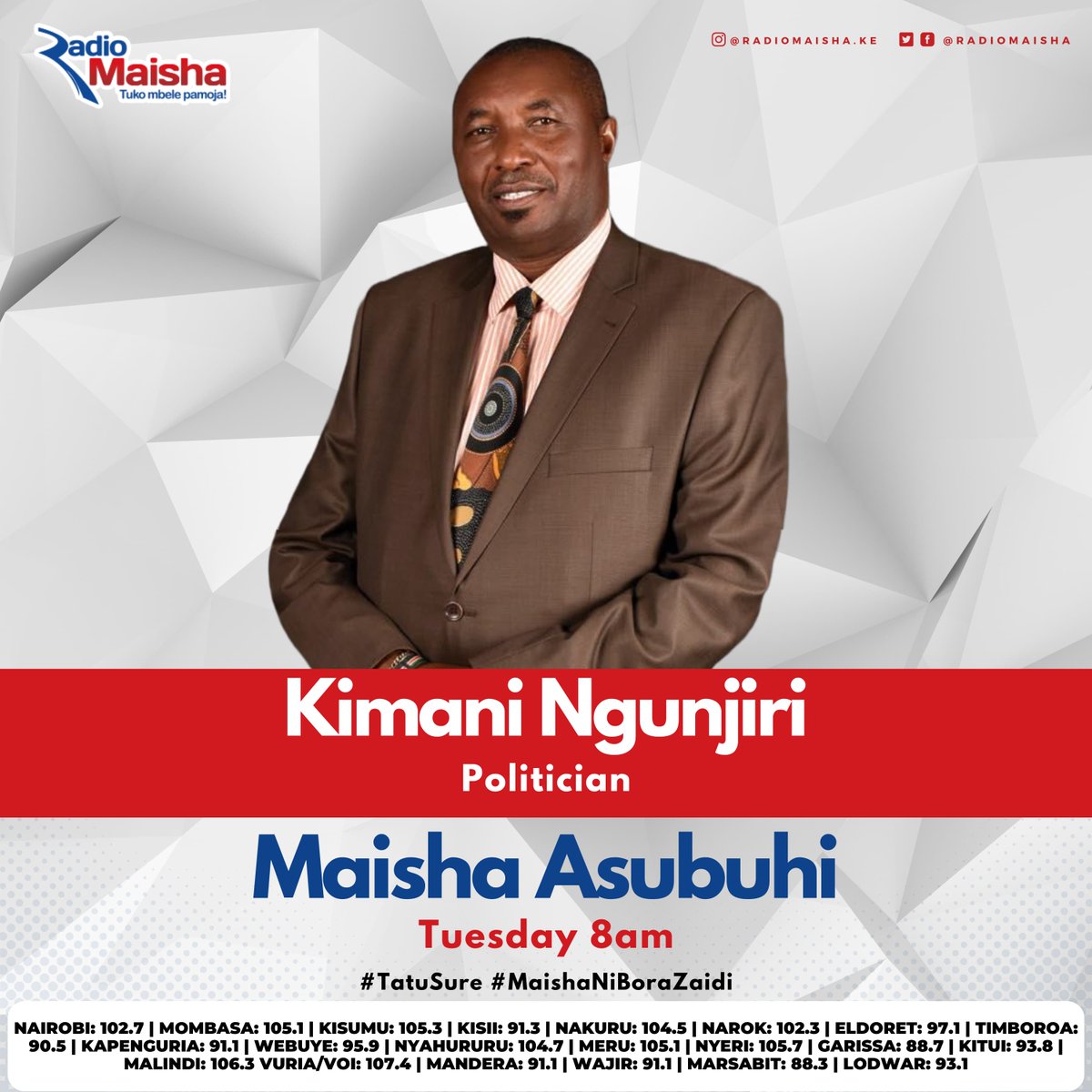 Kwenye Bunge la Maisha leo tuko na mwanasiasa Kimani Ngunjiri. #TatuSure #RadioZaidiYaRadio #MaishaNiBoraZaidi