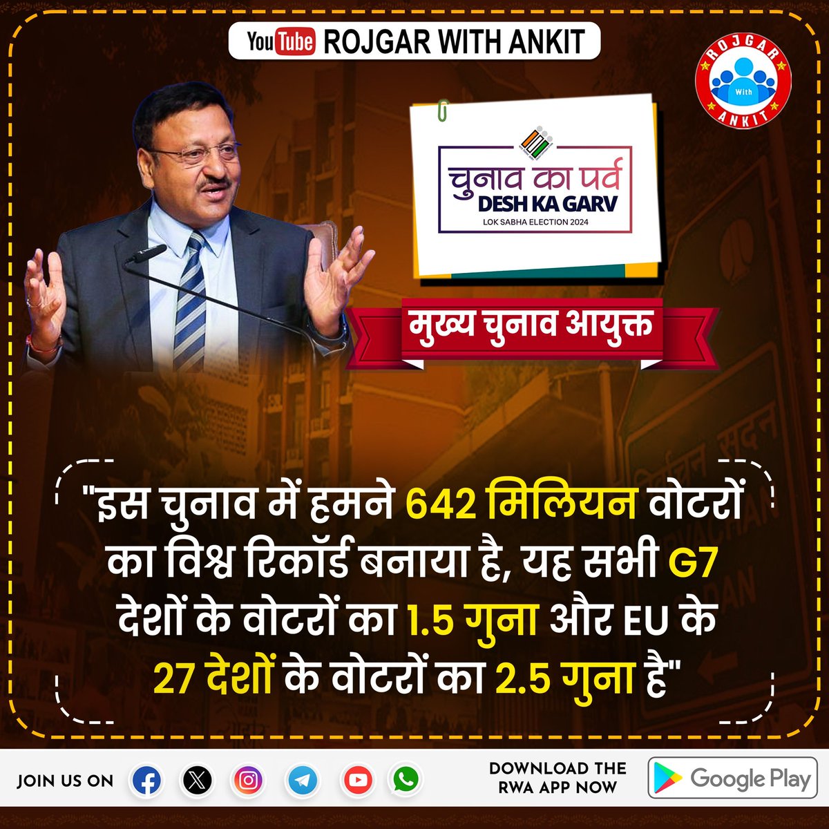 इस चुनाव में हमने 642 मिलियन वोटरों का विश्व रिकॉर्ड बनाया है यह सभी G7 देशों के वोटरों का 1.5 गुना और यूरोपीय संघ के 27 देशों के वोटरों का 2.5 गुना है 
#लोकसभा_आमचुनाव_2024 #electionResult #ElectionsResults