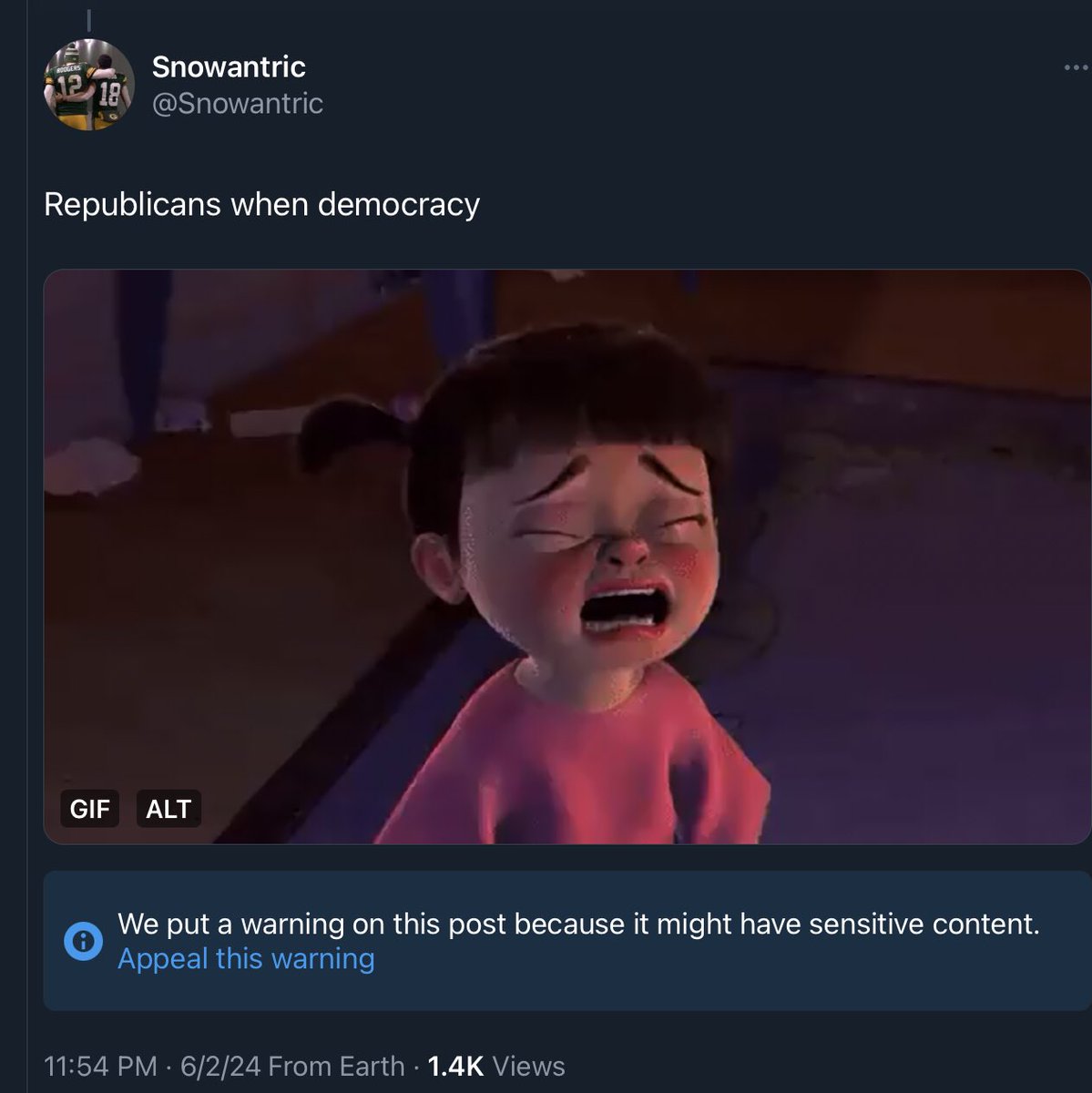 “We put a warning on this tweet because we’re big babies and we can’t take criticism”