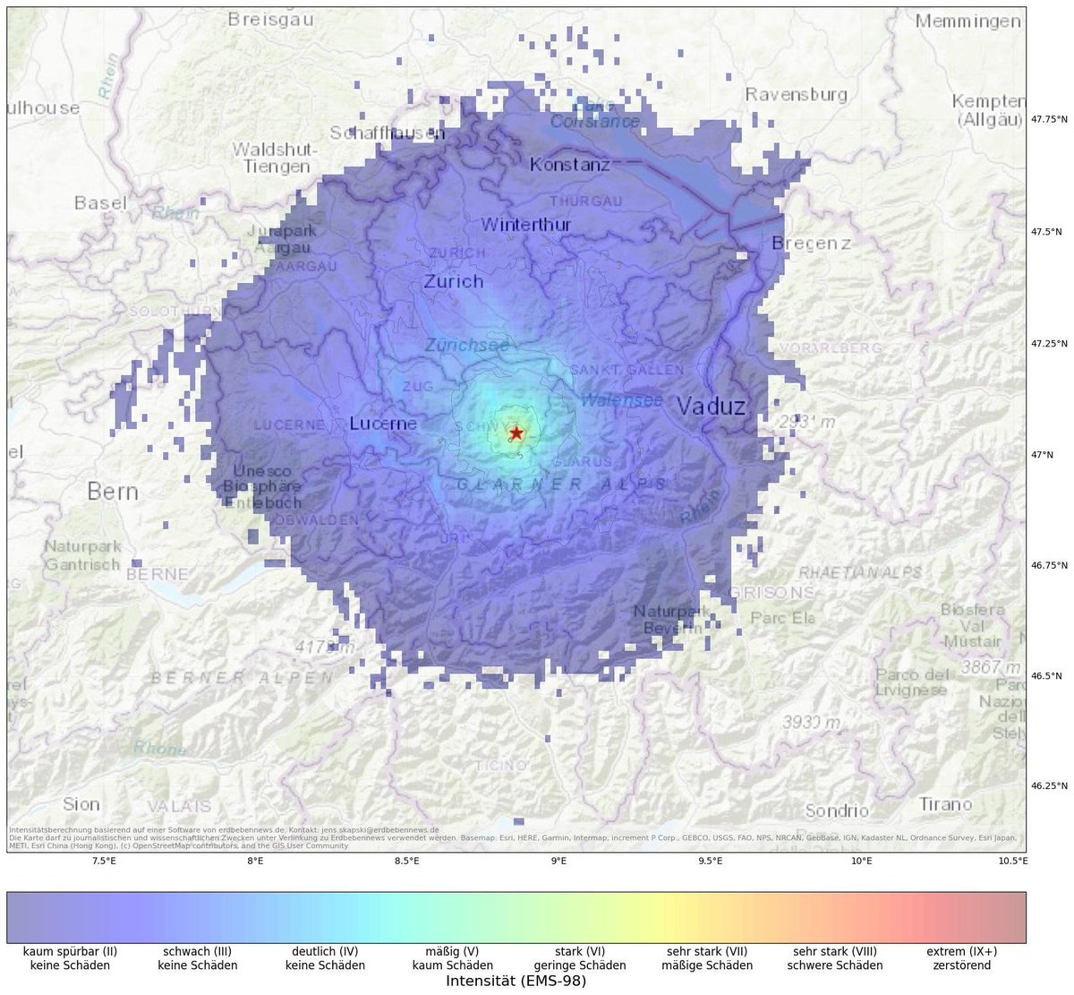 Ein kräftiges Erdbeben (M4.4) hat in der Nacht den Norden der Schweiz erschüttert. Das Epizentrum lag im Kanton Schwyz. Die extrem geringe Herdtiefe deutet einen Zusammenhang mit den aktuellen Starkniederschlägen an. erdbebennews.de/2024/06/erdbeb…