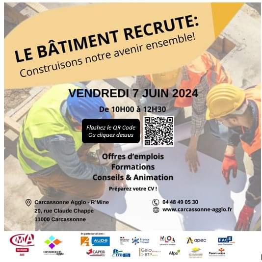 Forum du bâtiment #Carcassonne <a href="/FTravail_OCC/">France Travail Occitanie</a> 
Offres d'emploi, formation, information, conseil ... 
Préparez vos CV et venez participer ! Vendredi 7 juin de 10h à 12h.