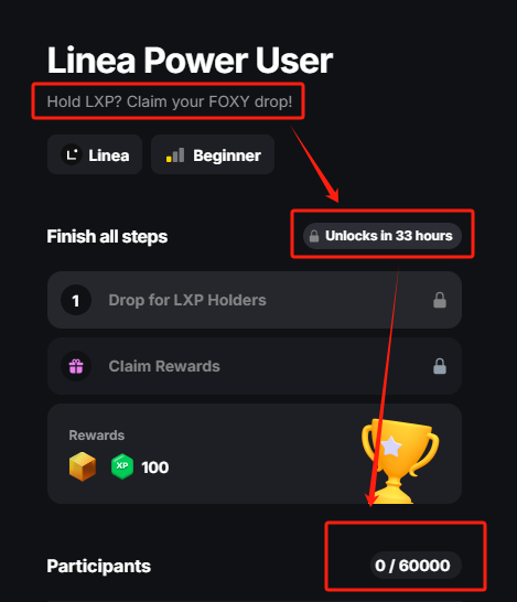 《Linea Power User  高级用户 “空投” 活动》 注意啦 ‼️🆘

空投注意领取！⚠️

1、空投条件：持有 $LXP 用户空投 $FOXY ；

2、开始时间：北京时间 6月5日 22:00  ；

3、领取难度：共 60000 名额 ；（数量有限）

4、活动链接：app.layer3.xyz/quests/linea-p…

5、欢迎关注： <a href="/bclaobai/">老白｜MemeMax ⚡️</a> <a href="/bcxiaoyue/">小月</a> 

 🫰