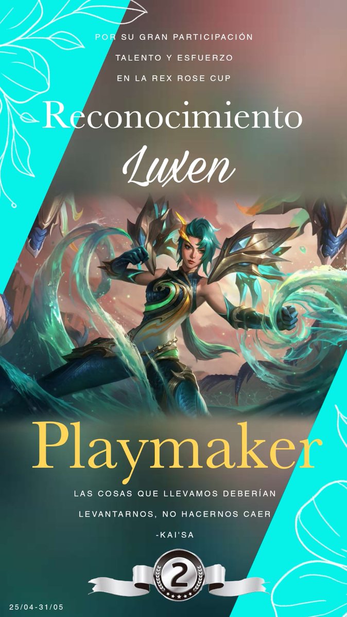 Flamienx1's tweet photo. reconocimiento a las tres jugadoras Playmaker de la Rex Rose Cup, jugadoras que ejecutaron la mayor cantidad de impacto en sus partidas:

1ra @paopao_140 con16
2da @ImLuxen  con 14
3ra @Lveanshie con 13

Nos otorgaron muchísimo espectaculo en el torneo estas chicas🥳 https://t.co/nYfmxuC8jW