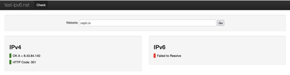 Can somebody help to get the <a href="/Ceph/">Ceph</a> website reachable via #IPv6 again? download.ceph.com works just fine, but ceph.io is IPv4 only :-(