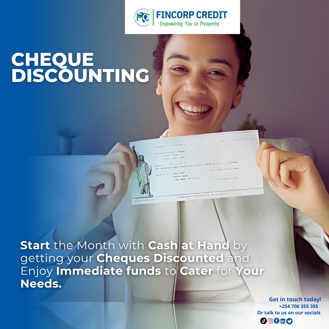 FinCorpCredit's tweet image. Start the Month with Cash at Hand by Getting your Cheques Discounted and Enjoy Immediate Funds to Cater for Your Needs.
#Chequediscounting
#fincorpcredit