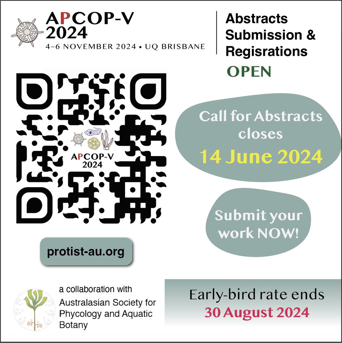 10 more days to go! Submit your abstract(s) NOW &amp; register to avoid disappointment. #APCOPV2024 <a href="/ASPABites/">ASPAB</a> Largest conference of its kind #protists #algae #aquaticbotany in Australia <a href="/UQ_News/">UQ News</a> More invited speakers have confirmed, more info on our website protist-au.org