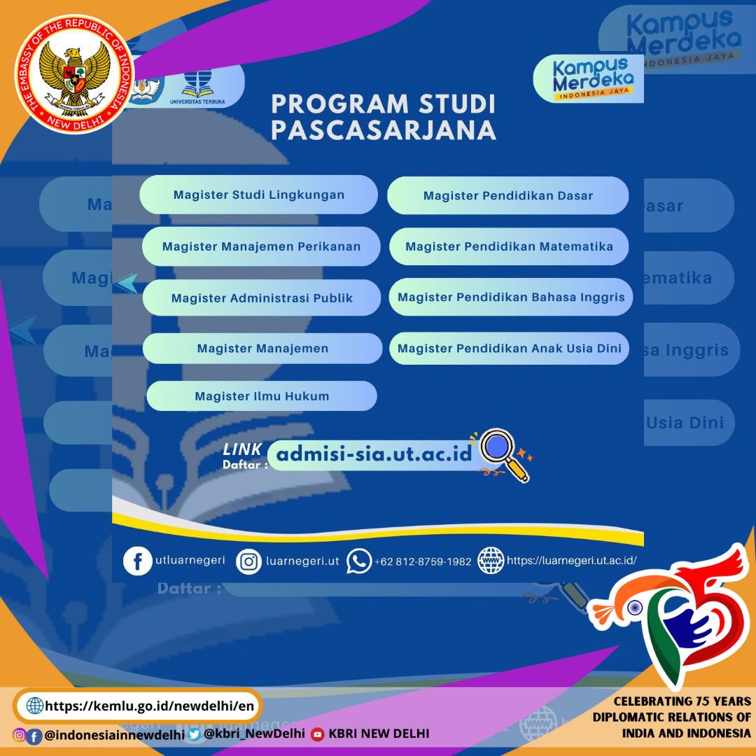 Universitas Terbuka membuka pendaftaran bagi WNI yang melanjutkan kuliah dari luar negeri. Selengkapnya kunjungi website Universitas Terbuka.