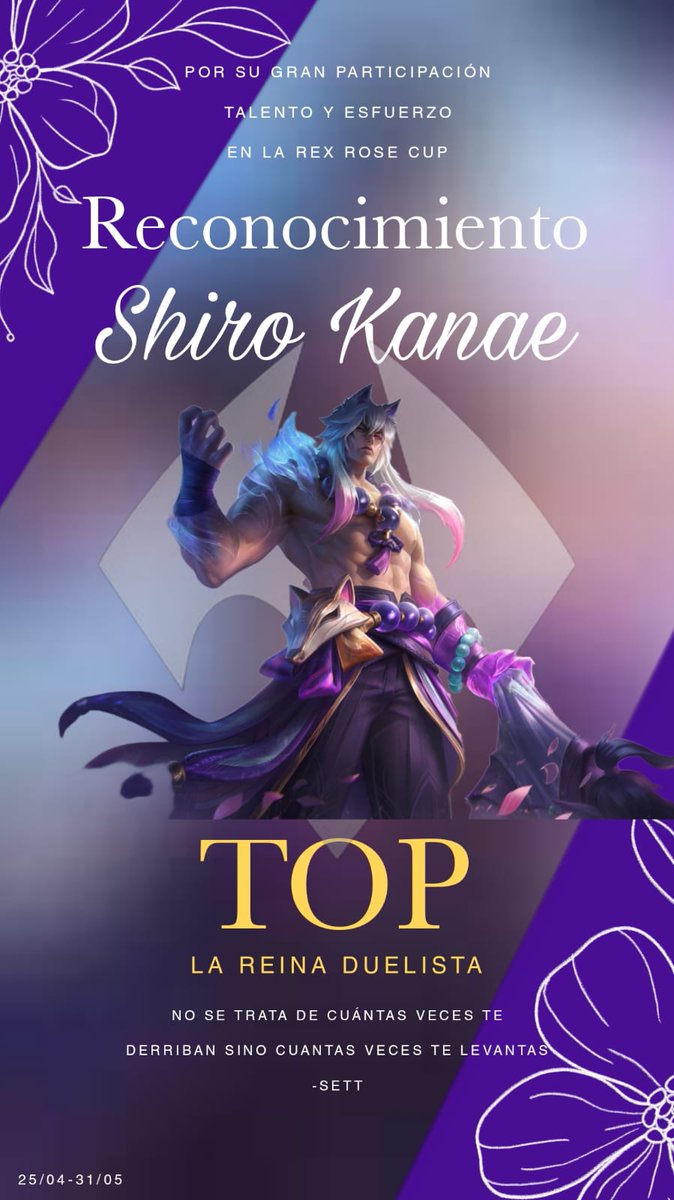 Tengo el placer de presentarles a la MVP y mejor TOP de la Rex Rose Cup, <a href="/paopao_140/">𝑳𝒆𝒛𝒓𝒉𝒂 🌹</a> la cual se encuentra como actual jugadora de <a href="/Zapa_eSports/">Zapa Global Gaming</a>

Le designé el Título de la Reina Duelista, Por su impecable actuación y dominio total de sus rivales en duelo, felicidades

<a href="/wildriftES/">League of Legends: Wild Rift</a>