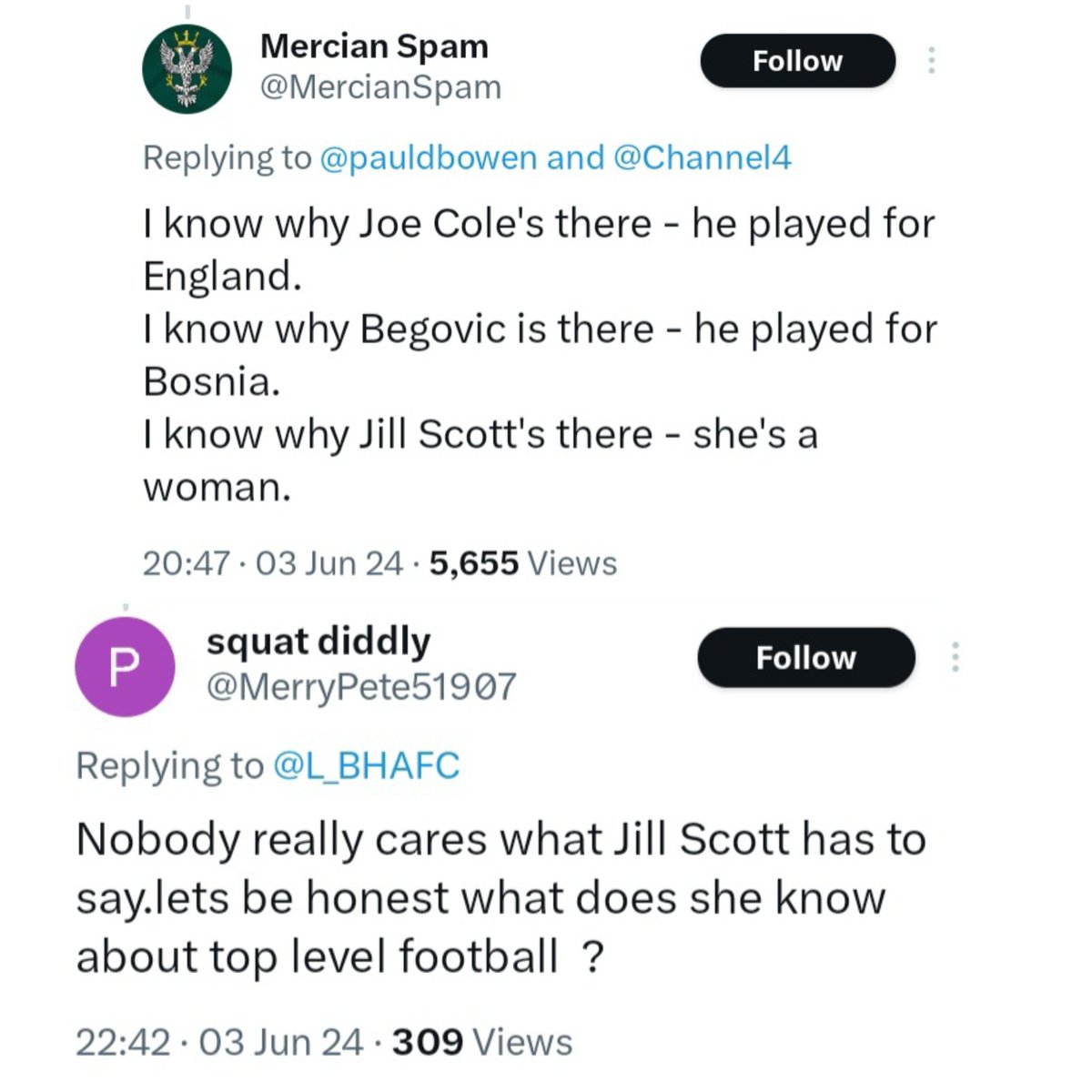 thecoldend's tweet photo. A selection of messages sent during the #EngBih match last night.
"X" (aka Twitter) is divisive & horrible more often than not.
Each time a women pundit is on TV the same sort of tweets are sent.
How are we going to change people's opinions?
@jellyb0008 https://t.co/qbx67yvVPe