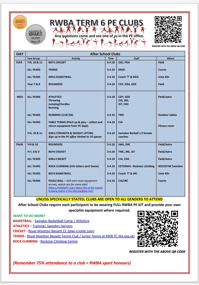 All shared via email yesterday but just in case… PE CLUBS GO LIVE TODAY for term 6. Let’s get busy being active 😜 

QR codes still in operation but pupils must seek staff permission to access phones 📱 👊🏼