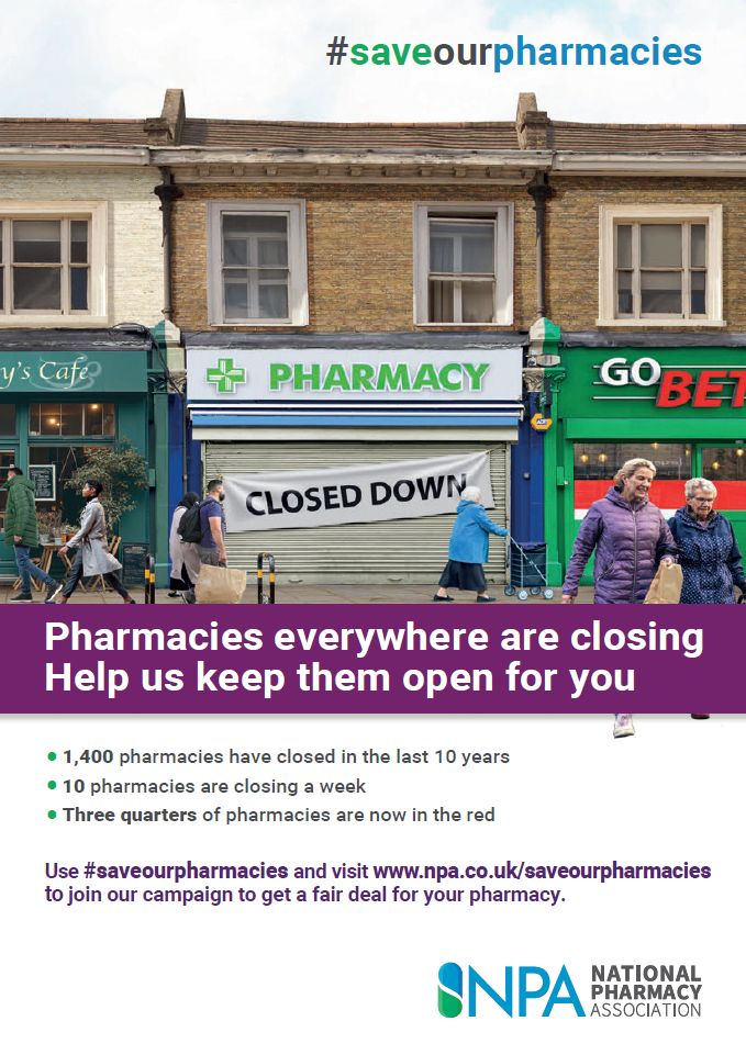 Join our 'One Day to #saveourpharmacies' day of action on 20 June, to show the politicians there's a state of emergency within community pharmacy. We'll issue guidance on the action you could take on that day, such as turning off the lights for 2 hours and wearing black, soon.