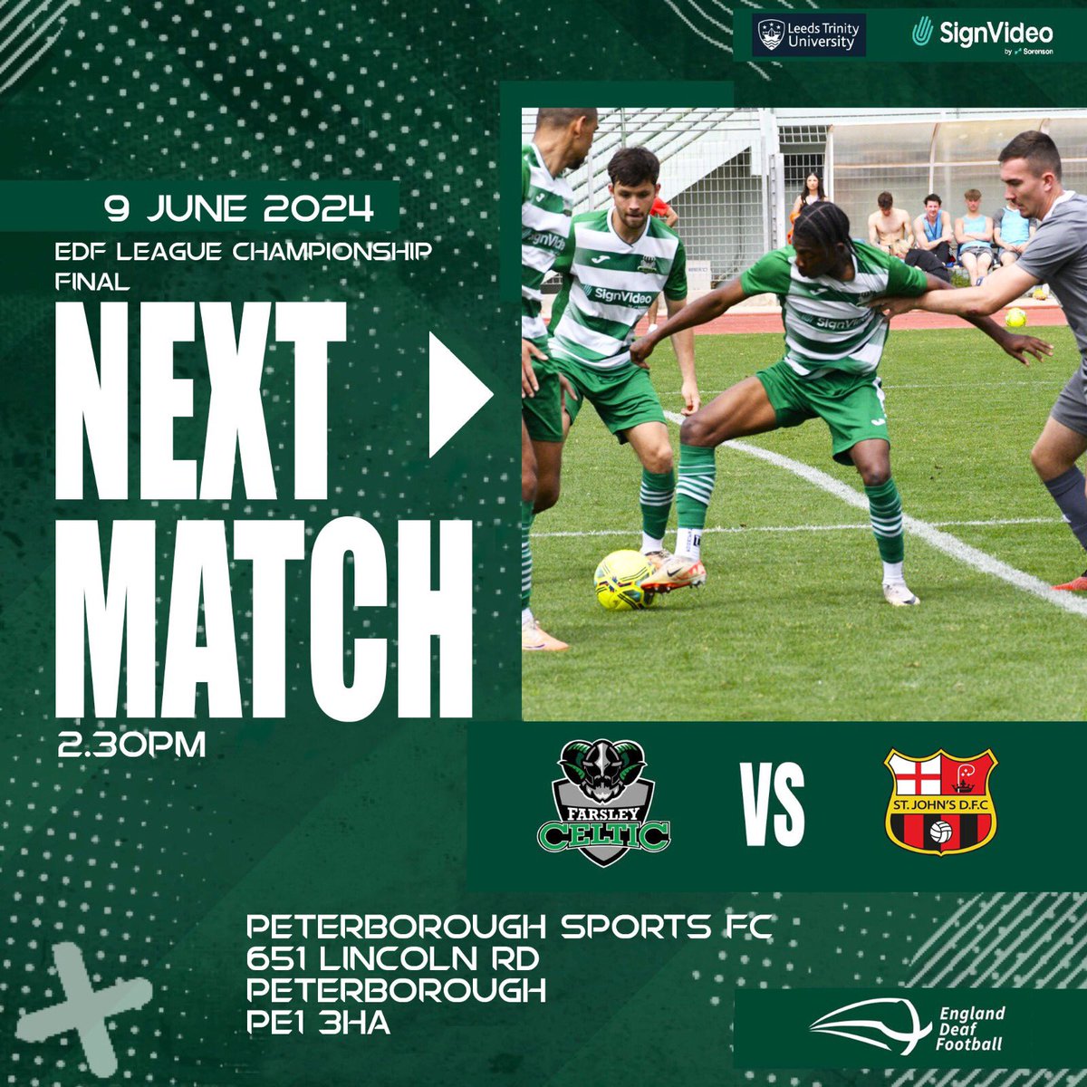UP NEXT….. THE 1st OF 3 FINALS IN JUNE!

It’s North EDF Champions v South EDF Champions. We know what we need to do and will give it our best shot against St John’s DFC, a club steeped in history in Deaf football. 
💚💚💚

Sponsored by <a href="/SignVideo/">SignVideo by Sorenson</a> 
Supported by <a href="/LeedsTrinity/">Leeds Trinity University</a>