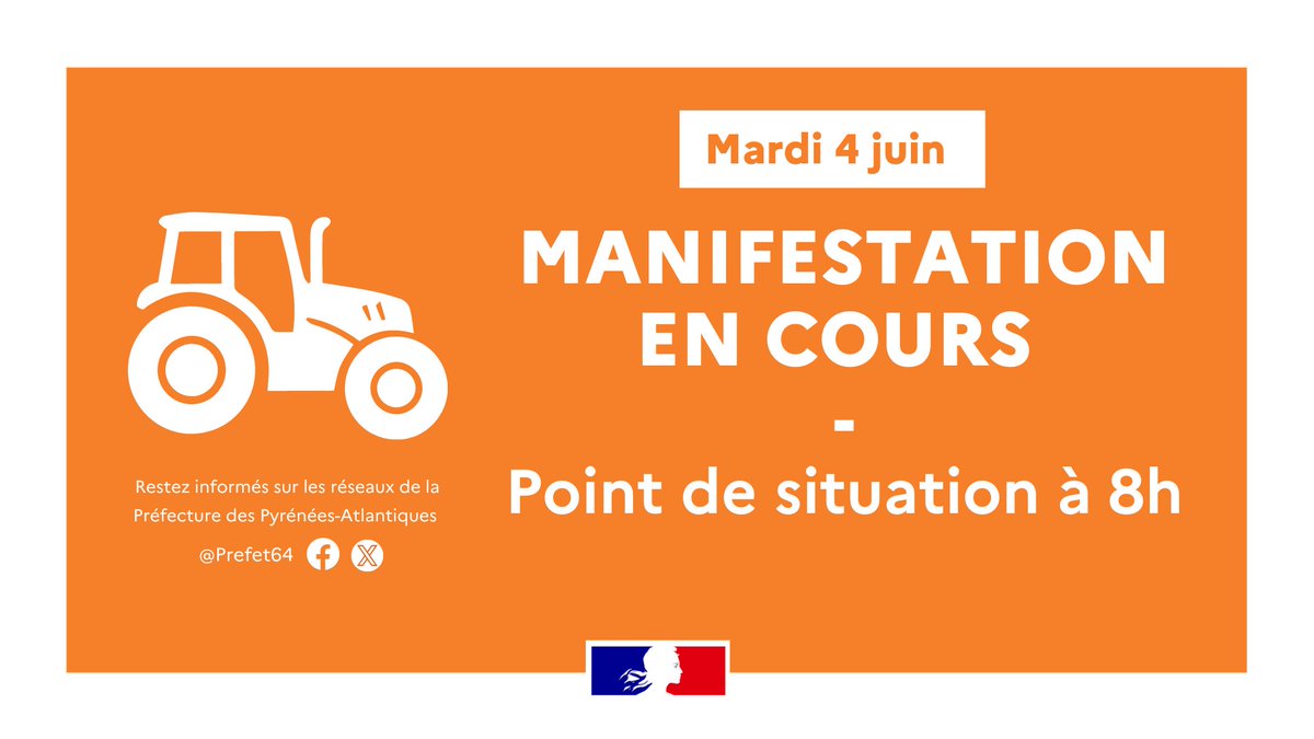 🚜 🔴  #Manifestation #A63 #RN134 #RD934 – Point de situation à 8h.

Des manifestations dans le département sont toujours en cours sur certains secteurs :

◼️ Sur l’A63 entre le péage de Biarritz – La Négresse et Biriatou : la circulation est rétablie sur plusieurs voies pour