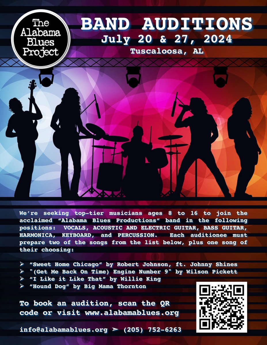 AlaBluesProject's tweet photo. We’re seeking top-tier musicians ages 8 to 16 to join the acclaimed “Alabama Blues Productions” band in the following positions: VOCALS, ACOUSTIC AND ELECTRIC GUITAR, BASS GUITAR, HARMONICA, KEYBOARD, and PERCUSSION.

To audition, scan the QR code or visit https://t.co/q1IFHESKlQ https://t.co/AoKFIkLEVD
