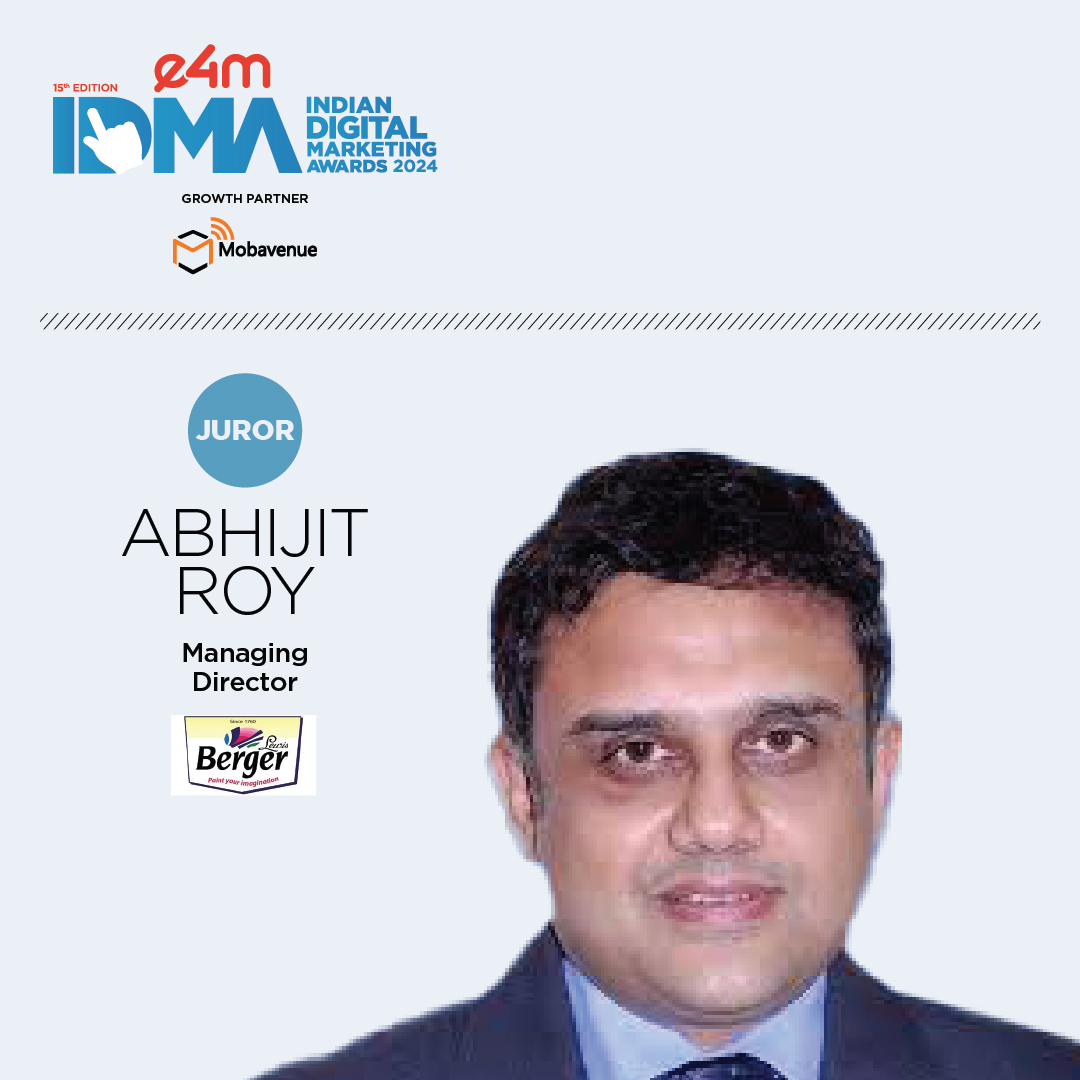 Excited to announce that Abhijit Roy, Managing Director at Berger Paints India, will be joining us as grand juror for #e4mIDMA 2024🏆. Deadline - 10th June 2024 Register Now - bit.ly/3GyIe1q #digitalmarketing #digital #marketing #web #gaming #ar #vr #entrepreneur #seo