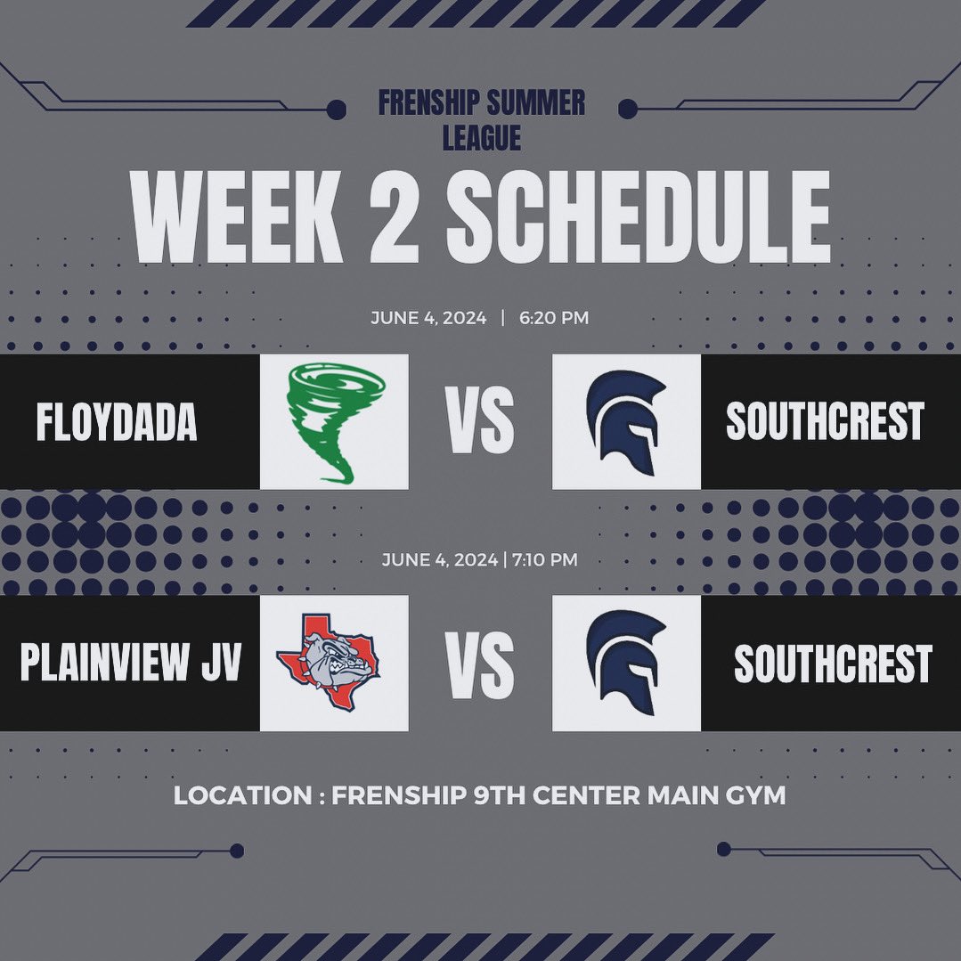 Summer league week 2 is here!! Our varsity guys play tomorrow night at 6:20 versus Floydada and at 7:10 versus Plainview JV!! Come out and support!! 

#southcreststrong #oneteamoneheart #jesusaboveall #greattobeawarrior