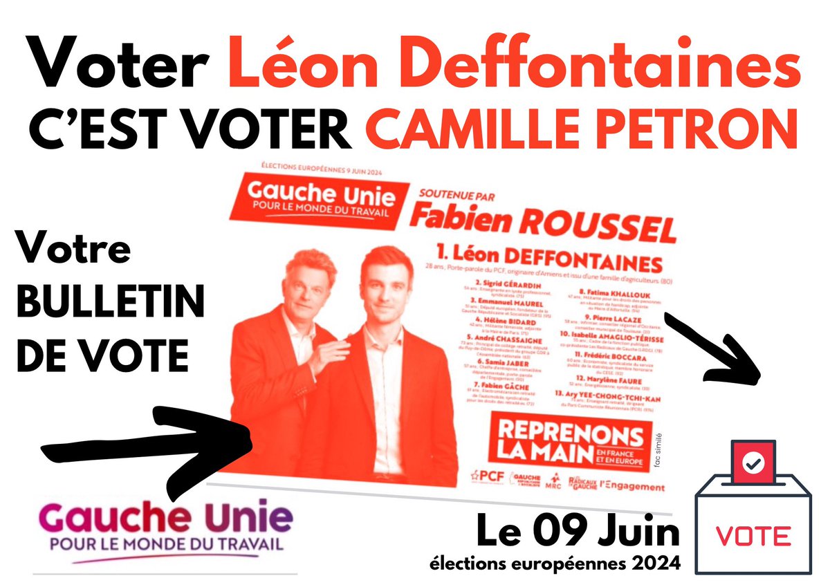 camille_petron's tweet image. J'ai l'honneur d'être candidat sur la liste « Gauche Unie pour le monde du travail » portée par @L_Deffontaines et soutenue par @Fabien_Roussel, ce dimanche, si vous hésitez, faite le choix d'une liste composée de militantes et militants sincères, proches du réel.
